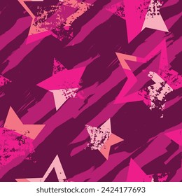 Pink seamless Grunge stars pattern for sport textile, clothes, wrapping paper. Star grungy endless ornament. Textured monochrome repeat print.