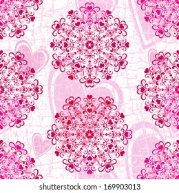 Pink seamless grunge valentine pattern with floral ornament and hearts (vector eps 10)