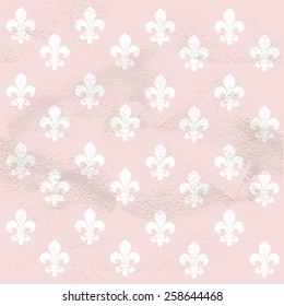 Pink seamless grungy vintage pattern from white Fleur-de-lys
