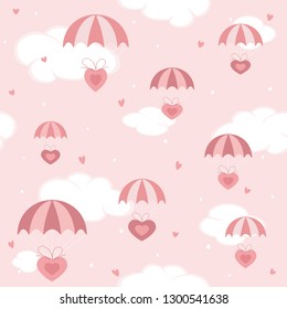 Pink Seamless holiday background. Valentines hearts flying on parachutes in the sky, illustration.