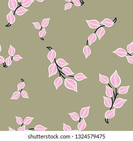 pink seamless leaves pattern on grey background