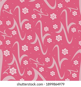 Pink seamless natural pattern with flowers and leaves. Botanical monochrome pattern. Summer and spring pattern for fabric, dress, wallpaper and background.