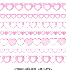 Pink seamless paper garlands from hearts set isolated on white background