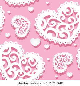 Pink seamless pattern of appliques of hearts Valentine