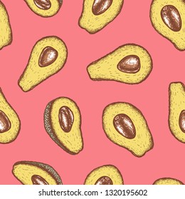 Pink seamless pattern with avocado. Hand drawn graphic design with fruit. Colored background. Vintage vector illustration.