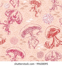 Pink seamless pattern with beautiful sea jellyfish. underwater World