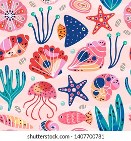 pink seamless pattern with beautiful underwater sea life
 - vector illustration, eps