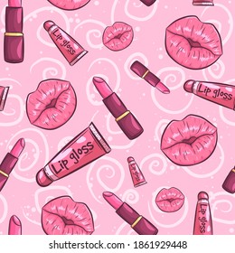 Pink seamless pattern with beauty products for lips. repetitive background with cosmetics. Lipstick, lip gloss and kisses background.