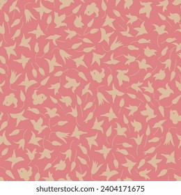 Pink seamless pattern with beige or gold floral silhouettes. Simple scattered repeat pattern. For textile, wallpaper, packaging, DIY projects.