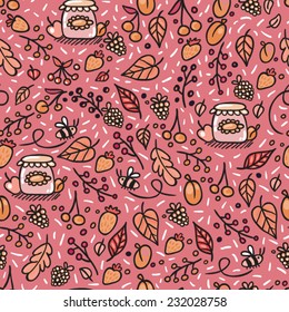 Pink seamless pattern with berries and jam.