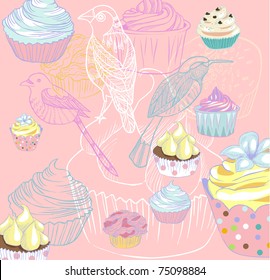 pink seamless pattern with birds and sweet cupcakes