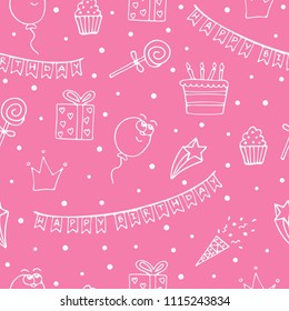 Pink seamless pattern for a birthday with white drawings.