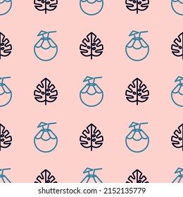 Pink seamless pattern with blue coconut and navy monstera leaves.