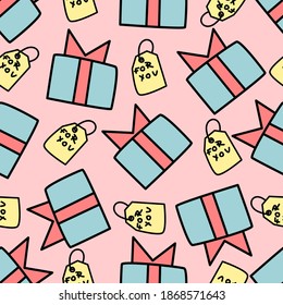 Pink seamless pattern with blue gift boxes and yellow labels. Christmas and New Year design.