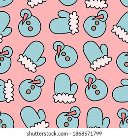 Pink seamless pattern with blue mittens and snowmen. Christmas and New Year design.