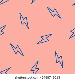 Pink seamless pattern with blue outline thunder bolt