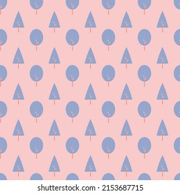 Pink seamless pattern with blue trees.