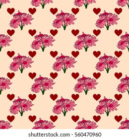 Pink seamless pattern with bouquets of flowers and hearts. Vector illustration
