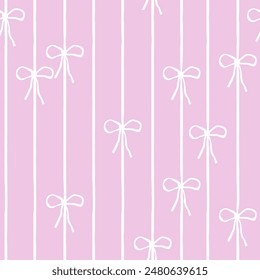 Pink seamless pattern with bows and stripes. Vector hand drawn illustration.