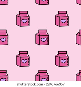 Pink seamless pattern with box of juice. Doodle heart wrapping paper for Valentine's Day. Romantic seamless background for holiday decor. Cute doodle illustration. Love and romantic concept