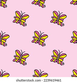 Pink seamless pattern with butterflies. Doodle heart wrapping paper for Valentine's Day. Romantic seamless background for holiday decor. Cute doodle illustration. Love and romantic concept