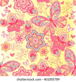 Pink seamless pattern of butterflies and flowers. Decorative ornament backdrop for fabric, textile, wrapping paper.