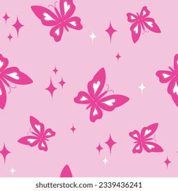 Pink seamless pattern with butterflies and sparkles