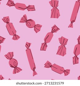 Patrón transparente rosa con caramelos de diferentes Formas. Gráficos de Vector.