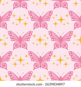 Pink seamless pattern in cartoon flat style with cute pink butterfly and tiny stars on soft background. Bright and playful design perfect for kids, fabric, wrapping, textile and girly decor.