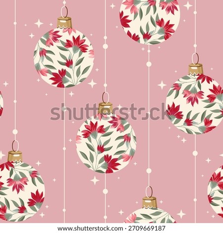 Pink seamless pattern with christmas balls. Flowers and plants. Background for wrapping paper, fabric print, greeting cards. Winter Holiday design.