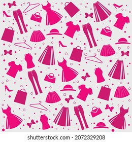Colección de ropa de patrón ininterrumpido rosa Colección de Iconos vectores Set,ilustración de artículos de moda femenina linda,