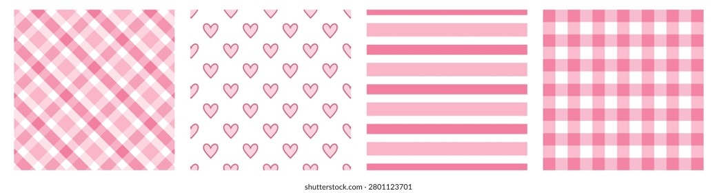 Pink Seamless Pattern Collection Set with Plaid Checkered Hearts Stripes and Gingham Backgrounds Vector Illustration