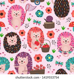 pink seamless pattern with colorful hedgehogs