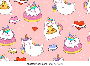 Patrón transparente rosa. Plantilla colorida con unicornios, corazones, pizza y donuts. Elemento de diseño para la postal y la cubierta o la impresión en prendas de vestir y textiles para niños. Dibujo vectorial plano de dibujos animados