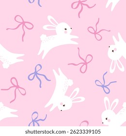 Pink seamless pattern coquette rabbit with bows and ribbons. Happy Easter. Vector design for fabric, wallpaper or wrapping paper.