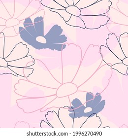Pink seamless pattern of cosmos flowers.