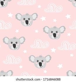 Pink seamless pattern with cute cartoon character koala and clouds, stars. Print for baby shower party. Vector print with baby koala.