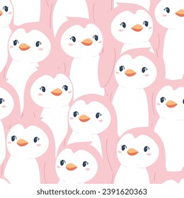 pink seamless pattern with cute cartoon penguins. Can be used for fabric, wrapping paper, scrapbooking, textile, poster, banner and other christmas design. Flat style. Kawaii design