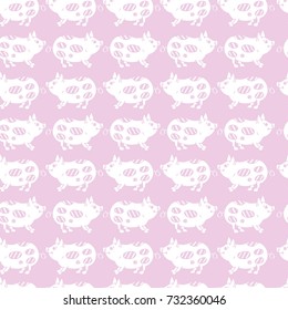 Pink seamless pattern with cute cartoon pigs. White pigs silhouette. For children