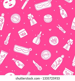 Pink seamless pattern with cute doodle asian cosmetics.