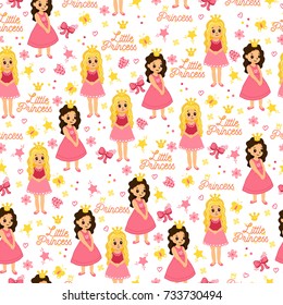 Pink seamless pattern with cute little princess. Vector background with girls,ladybug, bows, flowers, butterfly and hearts. Kids ornament. 