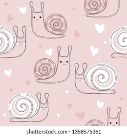 Pink seamless pattern with cute snail. Snails and hearts background. Vector hand drawn illustration. 