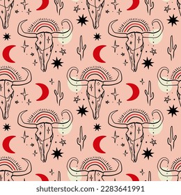 Pink seamless pattern desert western boho bull skull