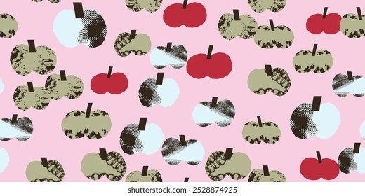 Pink seamless pattern with different textured green, red, white apples. Vector background, print, design. Food. Fruits