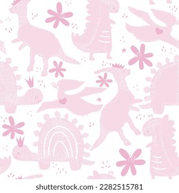 Pink seamless pattern with dinosaurs. Girlish cute print. Vector hand drawn illustration.