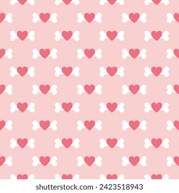 Pink seamless pattern of dog bones with hearts