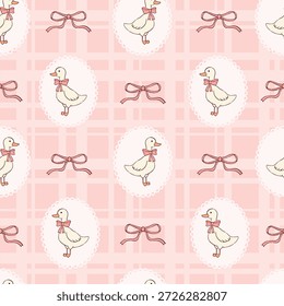 Patrón transparente rosa con garabatos de patitos y arcos sobre fondo a cuadros para impresiones textiles, Fondos de pantalla de vivero, scrapbooking, papel de regalo, ropa de niños, etc. EPS 10