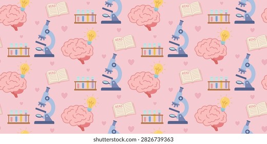 Pink seamless pattern featuring science themes including human brain microscope test tubes books and lightbulbs in soft pastel colors perfect for education and study themes