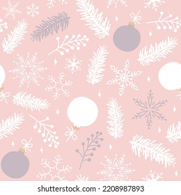 Rosa nahtloses Muster aus Tannenfalten, Schneeflocken und Weihnachtsspielzeug. Weihnachtsvektorgrafik.