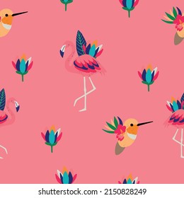 Pink seamless pattern with pink flamingos, exotic birds and plants. Design for fabric, wallpaper, textile and decor.